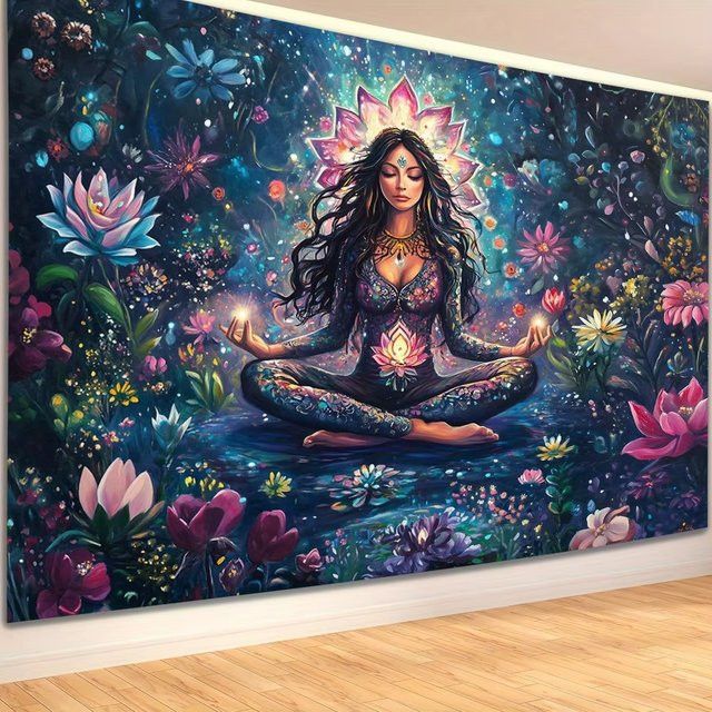 VIKAMA Meditation Lotus Wandteppich mit Lotusblume für dein Yoga- und Zen-Zimmer als spirituelle Wanddekoration - Bild 1