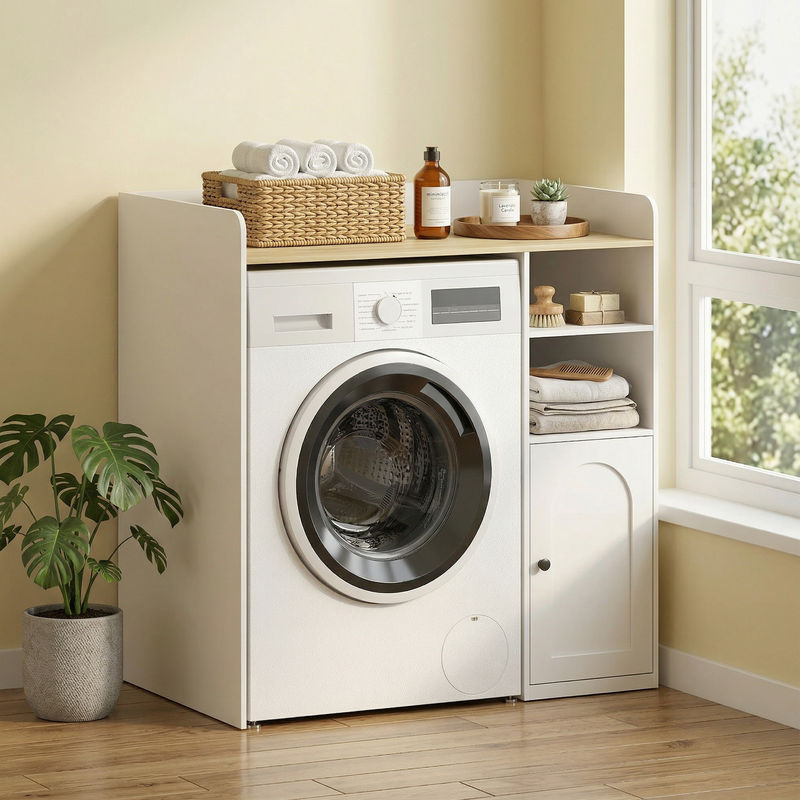 HOMCOM Waschmaschinenschrank für das Badezimmer mit offenen Ablagefächern und Soft-Close-Türen, Weiß und Natur, B/T/H: 93,5 x 60 x 100 cm - Bild 2
