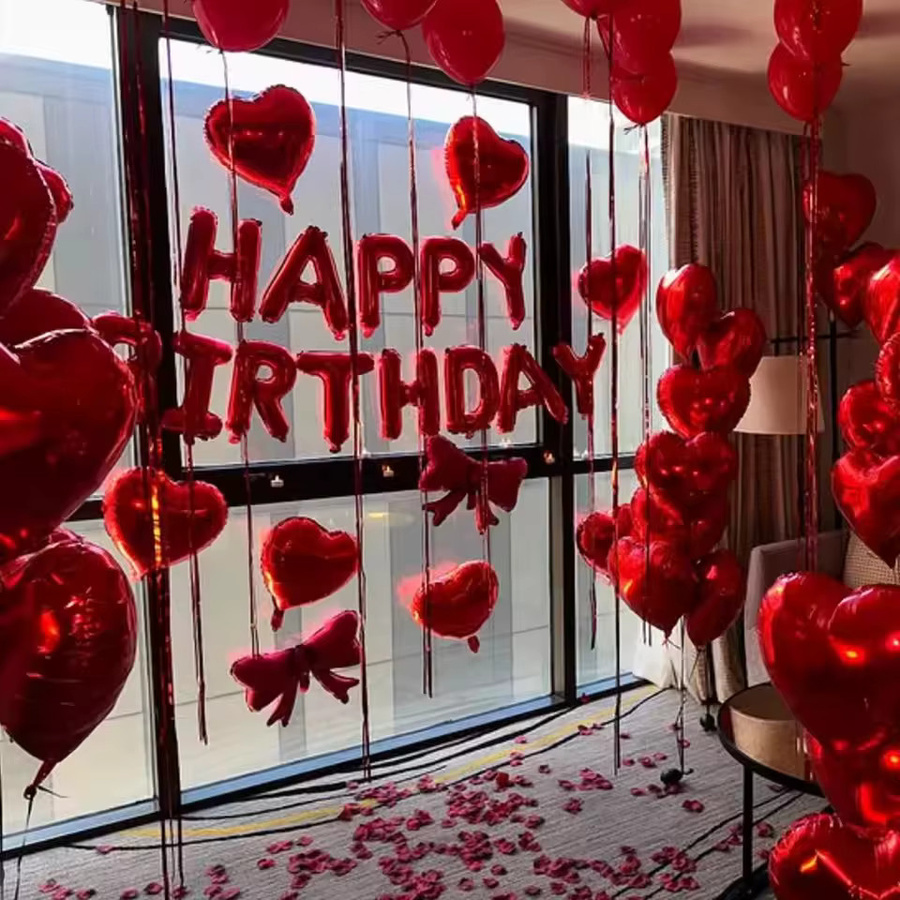 Happy Birthday Bannerballon Set in Rot mit Herz-Dekoration für Geburtstage, Jubiläen und Mottopartys - Bild 2