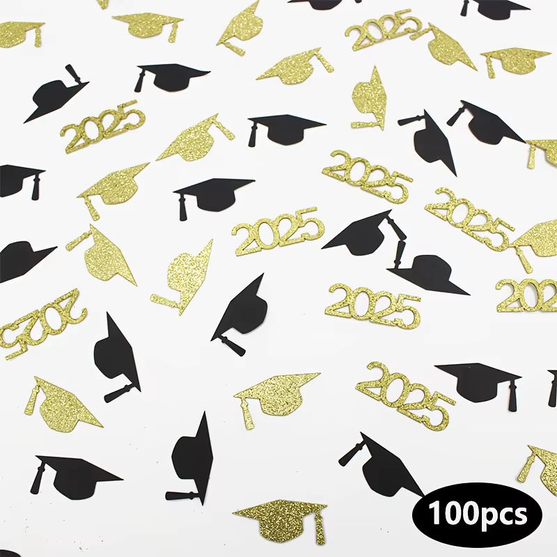 100 Stück Abschlusskappe-Konfetti in Schwarz und Gold aus Papier für deine Abschlussfeier - Bild 6