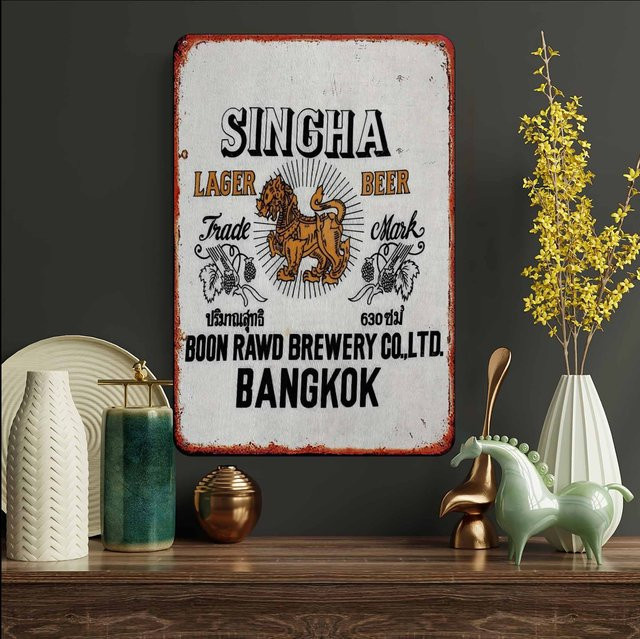 Singha Lager Beer Metall-Blechschild mit Löwen-Logo als Vintage Wanddekoration - Bild 1