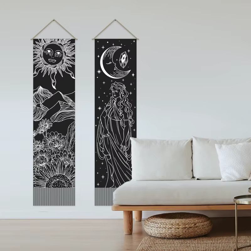 VIKAMA Doppelter Wandteppich im Boho-Stil mit Sonne, Mond und Sternen in Schwarz, B/H: 130 x 33 cm - Bild 2