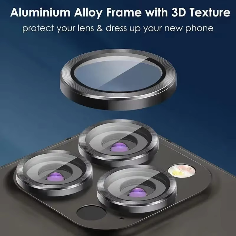 Kameraobjektivschutz aus gehärtetem 9H Glas mit Metallring für Apple iPhone 16 15 14 13 12 Pro Max Mini Plus in Schwarz - Bild 2