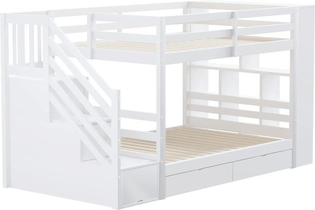 Merax Etagenbett für Kinder aus Kiefer und MDF mit Treppe und Schubladen, Weiß/Grau, B/T/H: 90 x 200 x 176,5 cm - Bild 1
