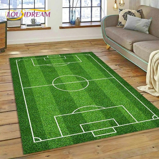 Karpetti 3D-Teppich mit Fußballfeld Motiv in Grün, waschbarer Polyester-Bodenmatte für Kinderzimmer, Wohnzimmer oder Schlafzimmer, B/T: 120 x 100 cm - Bild 1