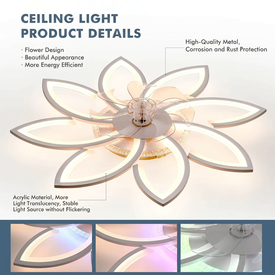 Oyajia Deckenventilator mit RGBW dimmbarer LED-Beleuchtung und Fernbedienung in Weiß, 72W modern Design für Wohnzimmer und Schlafzimmer - Bild 6