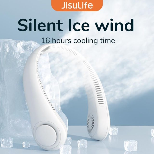 JISULIFE Tragbarer Nackenventilator mit 4000mAh Akku, aufladbar, 5 Geschwindigkeitsstufen, drehbarer bladloser Handsfree-Nackenband für Sport, Grau oder Weiß - Bild 1