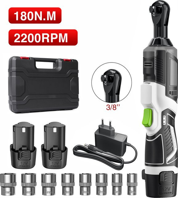 DWiusty Kabelloser Elektrischer Ratschenschlüssel 12V mit 3/8 Zoll 90 Grad Kopf und 180N.m Drehmoment inklusive 8 Steckschlüsseln - Bild 1