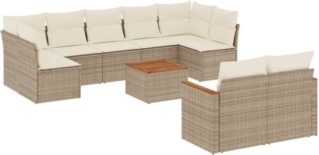 vidaXL 10-tlg. Garten-Sofagarnitur in L-Form aus Poly-Rattan und Akazienholz mit beigen Kissen in Beige - Bild 1