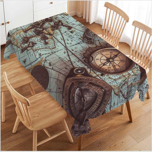 Wasserdichte Tischdecke von JINGYUE Pet mit Antiker Weltkarte, Kompass und Skelettschlüssel Design in Blau, B/B: 140 x 140 cm - Bild 1