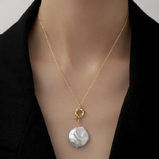 Halskette Damen, Barock Süßwasserperlen, Choker, 14 Karat Echtgold Kreis Anhänger - Bild 1