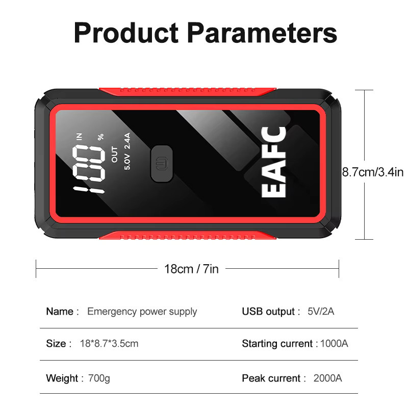 EAFC 2000A Peak Car Jump Starter und 10000 mAh tragbare Powerbank für 12 V Benzin bis 6,0 l und Diesel bis 4,0 l Fahrzeuge - Bild 4