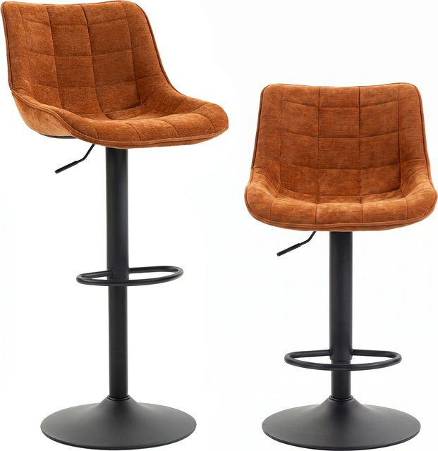 HOMCOM Set 2 Barhocker in Leinen-Samtoptik, höhenverstellbar und 360 Grad drehbar, moderne Küchenhocker mit Rückenlehne und Fußstütze aus Carbonstahl, Orangebraun - Bild 1