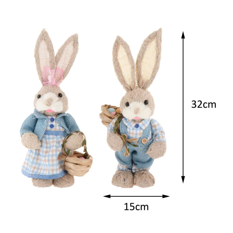 2er-Set homyl Ostern Kaninchen Figuren aus Stroh und Textil in Braun zur Dekoration - Bild 3