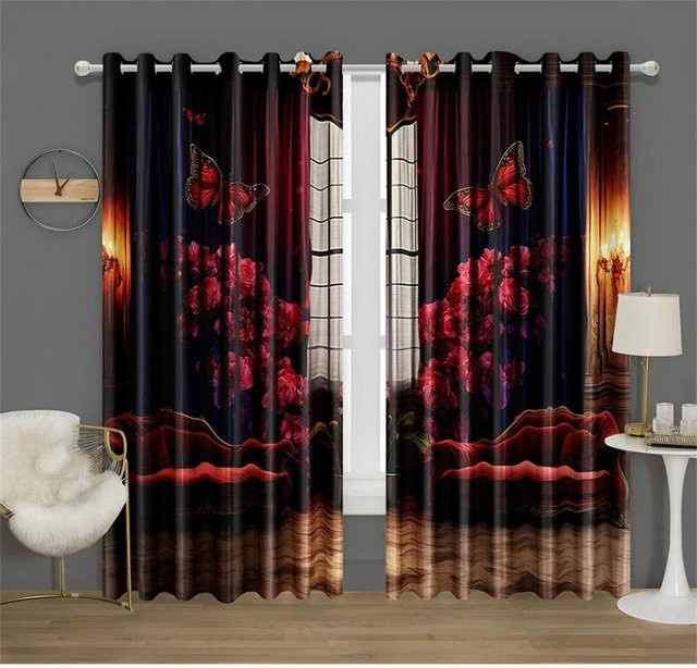 2er-Set romantische Rosenvorhänge mit Schmetterlings- und Sonnenuntergangsmuster, halbtransparent, floral, Mehrfarbig, B/H: 50 x 130 cm - Bild 1