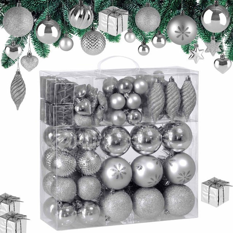 Casaria Weihnachtskugeln 103-teiliges Set in Silber, bruchsicher, glänzend, matt und glitzernd - Bild 1