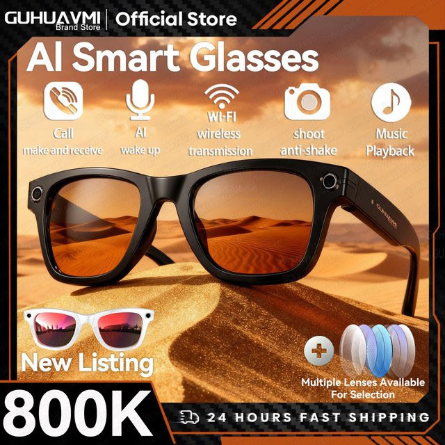 GUHUAVMI Smart-Brille 2025 mit Bluetooth, Kamera für Videoaufnahmen, KI-Fotoerkennung und Echtzeit-Übersetzung in über 100 Sprachen, Schwarz - Bild 1