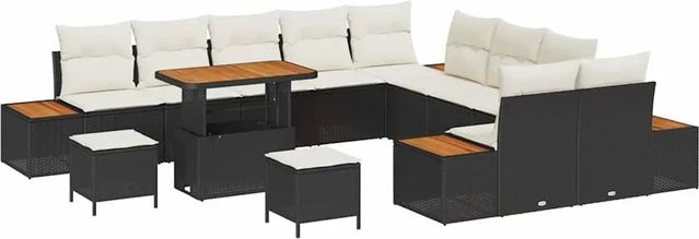 vidaXL Garten-Sofa-Set aus Polyrattan in Schwarz mit 13-teiligem Set und Kissen in Schwarz-Creme - Bild 1