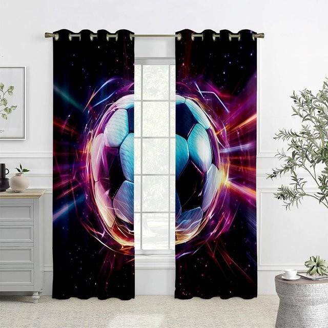 2er-Set Fenster Vorhänge mit Fußballmuster in Bunt, halbtransparent aus Polyester mit Ösen, Breite: 50 cm, Höhe: 140 cm - Bild 1