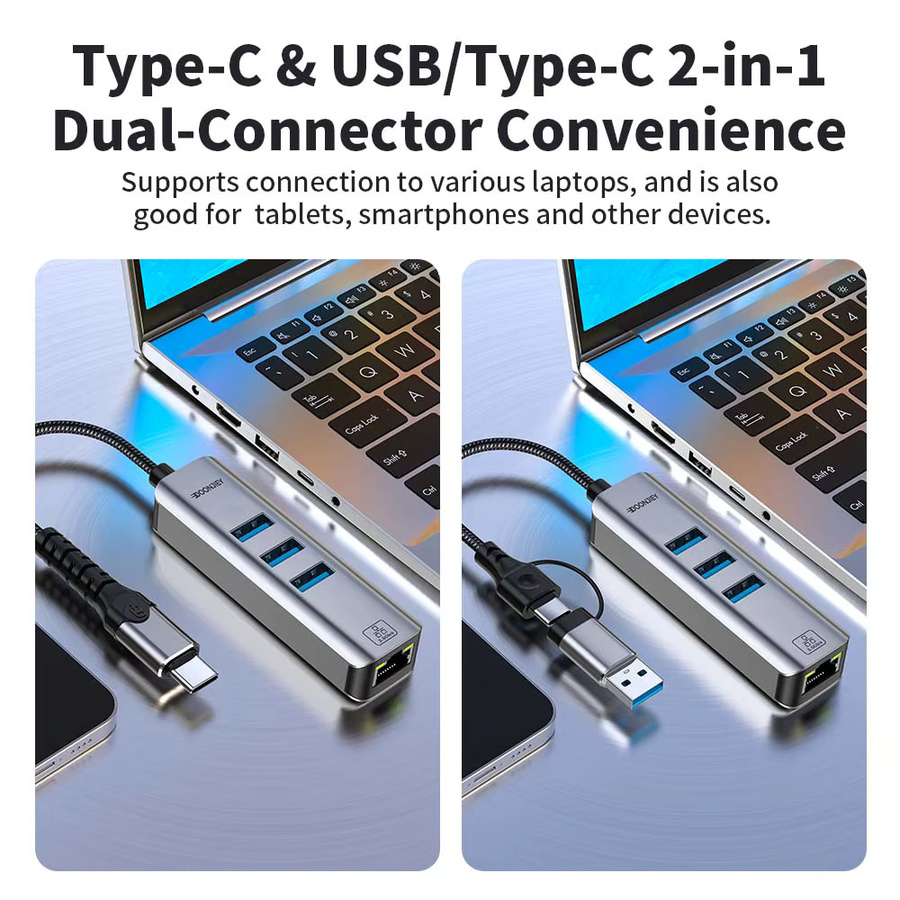 DOONJIEY 4 in 1 USB-C zu RJ45 2,5G Ethernet Adapter und USB 3.0 Hub, 2500Mbps Netzwerkkarte in Silber - Bild 3