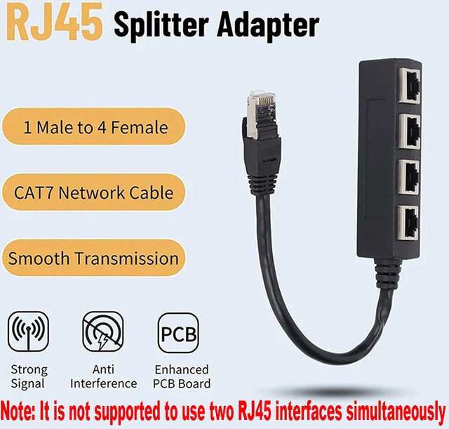 OULLX RJ45 Netzwerk-Splitter Konverter CAT7 CAT6 CAT5 Ethernet LAN Adapter, 1 Eingang zu 4 Ausgänge, Schwarz - Bild 1