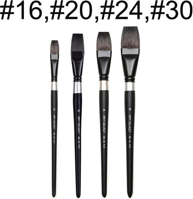 Dainayw Art Supplies Künstlerpinsel Set aus Eichhörnchenhaar mit flachem Kopf, 4er Set in Schwarz für Aquarell, Gouache und Acryl - Bild 1