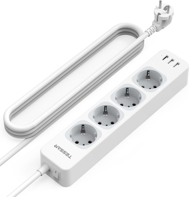 TESSAN 7-in-1 Steckdosenleiste Verlängerungskabel mit USB-C und USB-A Anschlüssen, Grau, 2 m Kabellänge - Bild 1
