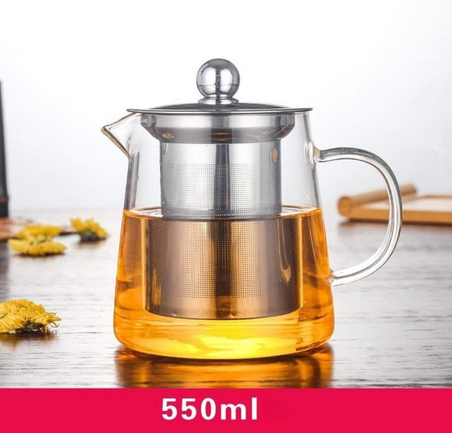 Hitzebeständige Glas-Teekanne aus Borosilikat mit Edelstahl-Siebeinsatz von Yiran Furniture, transparent, induktionsfähig - Bild 1