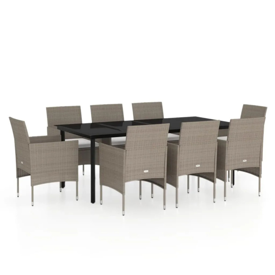 vidaXL 9-teilige Garten-Essgruppe aus PE-Rattan und pulverbeschichtetem Stahl mit Glasplatte und Kissen in Beige und Schwarz - Bild 2
