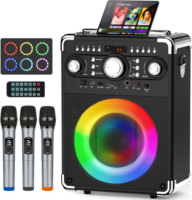 FanFun S8-T Karaoke-Maschine in Schwarz mit 3 kabellosen Mikrofonen, unterstützt Bluetooth, USB, TF-Karte und Gitarrenanschluss - Bild 1