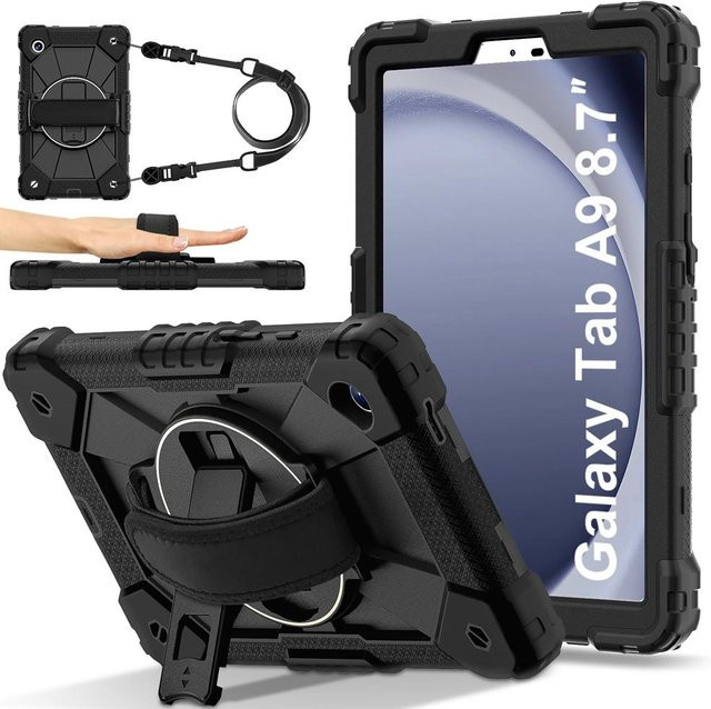 Samsung Galaxy Tab A9 8,7 Zoll SM-X110 SM-X115 Kinder Schutzhülle aus Silikon und PC mit Schultergurt und Ständer in Schwarz - Bild 1