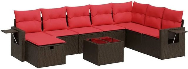 vidaXL 9-tlg Garten-Sofagarnitur in L-Form aus braunem Poly-Rattan mit Kissen und pulverbeschichtetem Stahlgestell - Bild 1