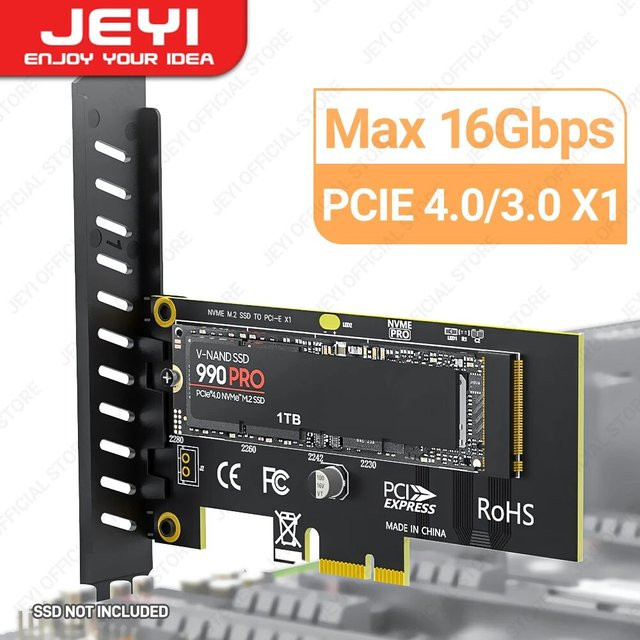 Jeyi M.2 NVMe SSD zu PCIe x1 Adapter Karte, PCIe Gen4 Erweiterungskarte für Desktop PC, Schwarz - Bild 1