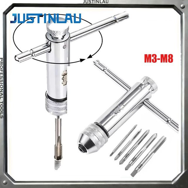 JUSTINLAU T-Gewindebohrer Set mit verstellbarem Griff in Silber für M3-M8 Maschinengewinde - Bild 1