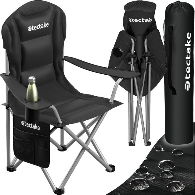 tectake Gepolsterter Campingstuhl Schwarz, faltbar mit Getränkehalter und Seitentasche, B/T/H: 55 x 46 x 103 cm - Bild 1