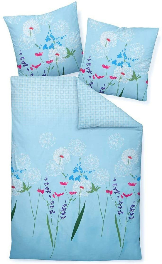 Janine Moments Mako-Satin Bettwäsche Pusteblume Vintage Blau, B/H: 240 x 220 cm mit Kissenbezug 80 x 80 cm - Bild 1