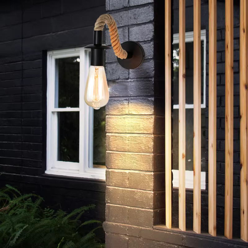 JOYINLED Industrielle Vintage Wandlampe aus Metall und Hanfseil mit E27 Fassung in Schwarz oder Braun für Schlafzimmer, Wohnzimmer und Esszimmer - Bild 3