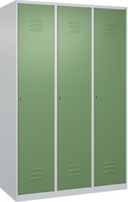 C+P Spind Classic PLUS Garderobenschrank mit 3 Abteilen, Stahlkonstruktion, Zylinderschloss und 4 Garderobenhaken, Grau/Grün, H x B x T: 185 x 120 x 50 cm - Bild 1