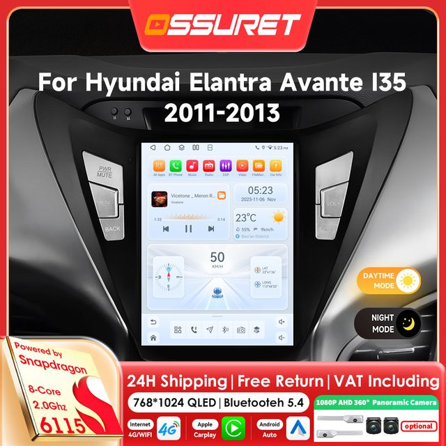 OSSURET 9,7 Zoll Android 14 Autoradio für Hyundai Elantra Avante l35 2011-2013 mit Snapdragon 8-Kern, AI Carplay, GPS und 360-Grad-Kamera, Schwarz - Bild 1