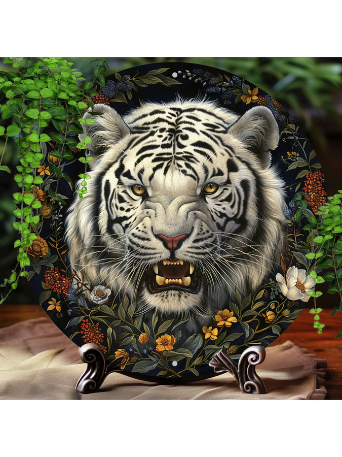 Potdemiel Rundes Aluminiumschild mit weißem Tiger-Motiv im Vintage-Stil, Wandkunst aus Metall, Durchmesser: 20 cm - Bild 4