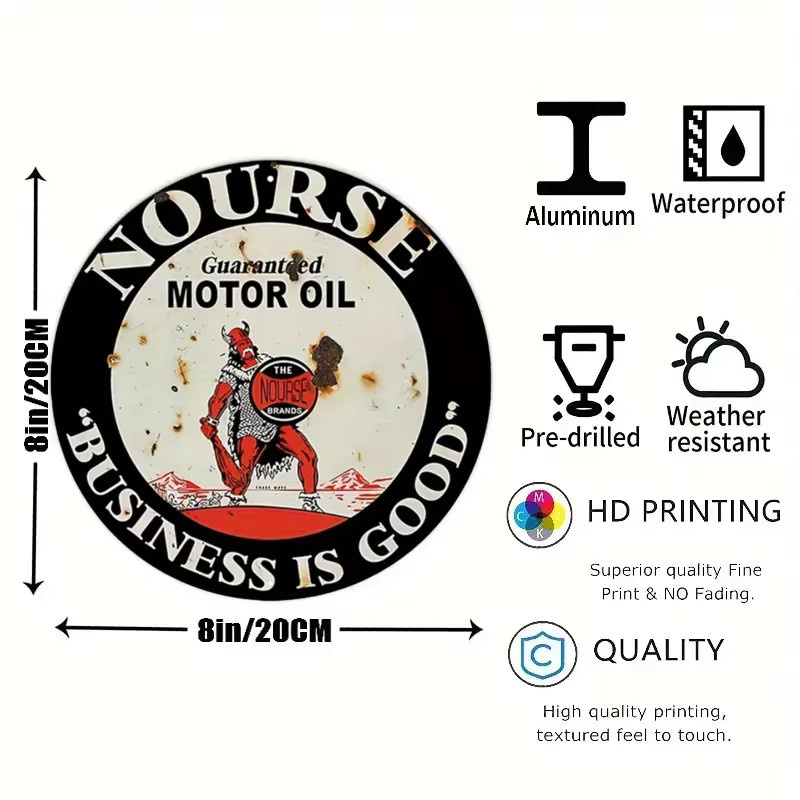 Potdemiel Vintage Motoröl Schild aus Aluminium, Rundes Metallschild im Retro-Design für Garage und Bar, Durchmesser: 20 cm, Multicolor - Bild 2