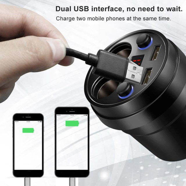 Qiilu Cup Dual USB Autoladegerät in Schwarz mit Kabel als Multifunktions-Zigarettenanzünder für Telefon, Tablet und PC - Bild 1
