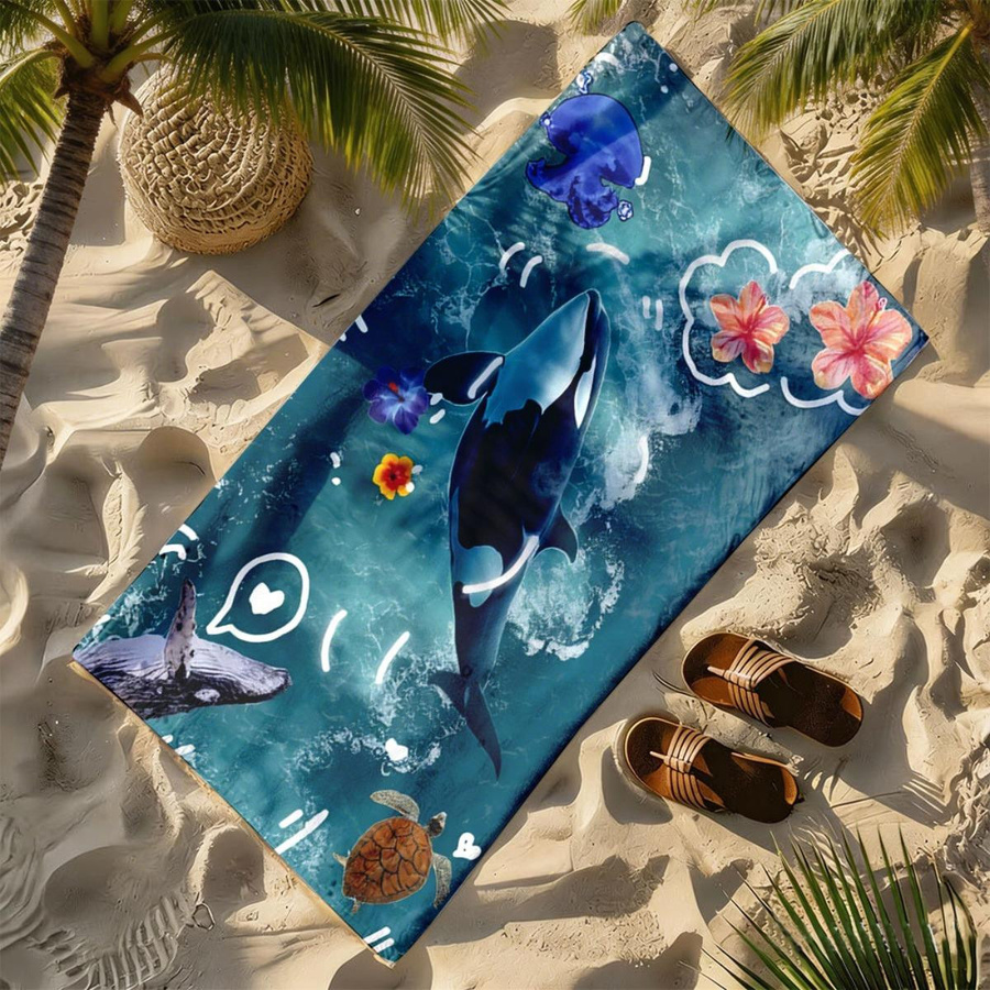 Badetuch Orca-Sprung mit tropischem Blumen-Design aus Polyester-Mikrofaser, Farbe: Weiß, B: 40 cm, H: 60 cm - Bild 3