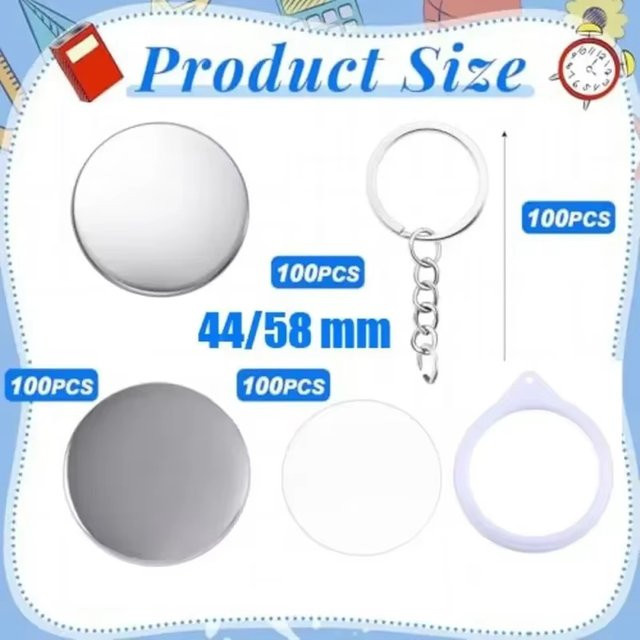 100 Stück Zubehör-Set für die Abzeichenherstellung mit 44 mm und 58 mm Knopf-Abzeichen sowie Spiegel-Schlüsselanhängern aus Kunststoff in Silber - Bild 1