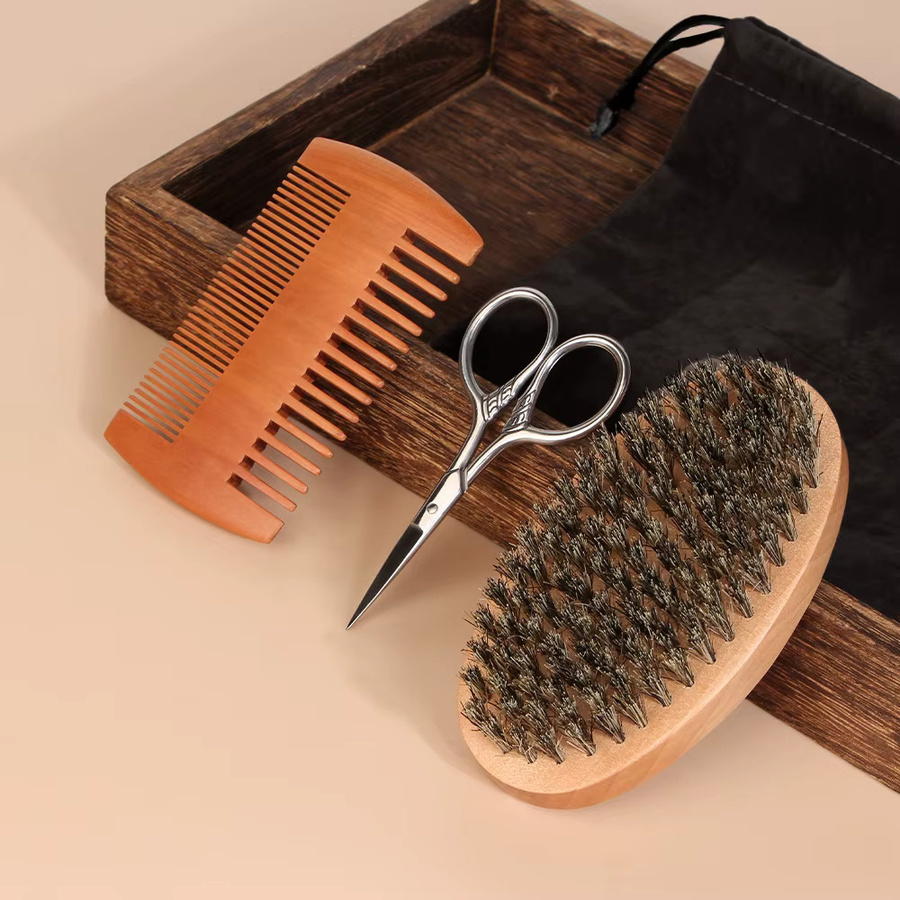 Dreiteiliges Bartpflege-Set für Herren, Bartbürste, Holzkamm, Trimm-Schere - Bild 3