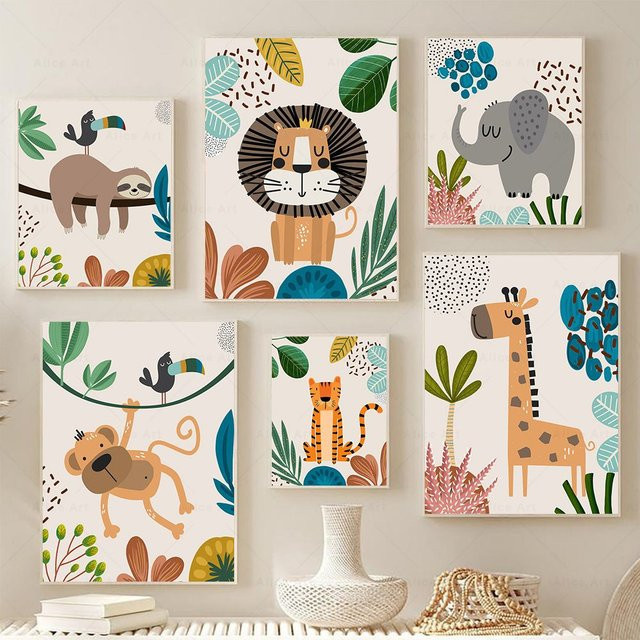 Potdemiel Boho Kinderzimmer Wandkunst Leinwand mit botanischen Tiermotiven in Mehrfarbig - Bild 1