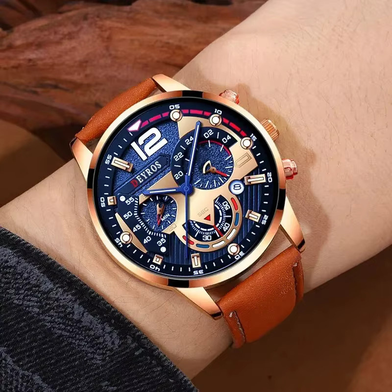 DEYROS Armbanduhr, Quarz, Leder, Blau, Gold, Herren - Bild 6