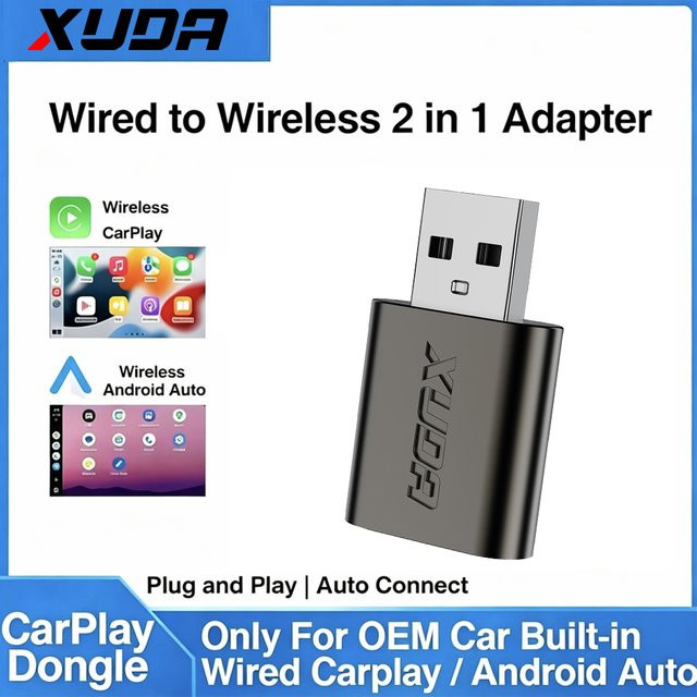 XUDA Kabelloser CarPlay und Android Auto Dongle in Schwarz mit USB und USB-C Anschluss für iPhone und Android - Bild 1