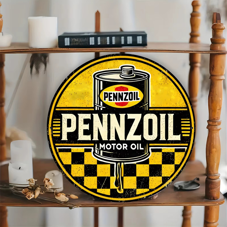 Pennzoil Vintage rundes Aluminium-Wandschild im Retro-Design mit kariertem Muster, rot/schwarz/mehrfarbig, Durchmesser: 20 cm - Bild 3