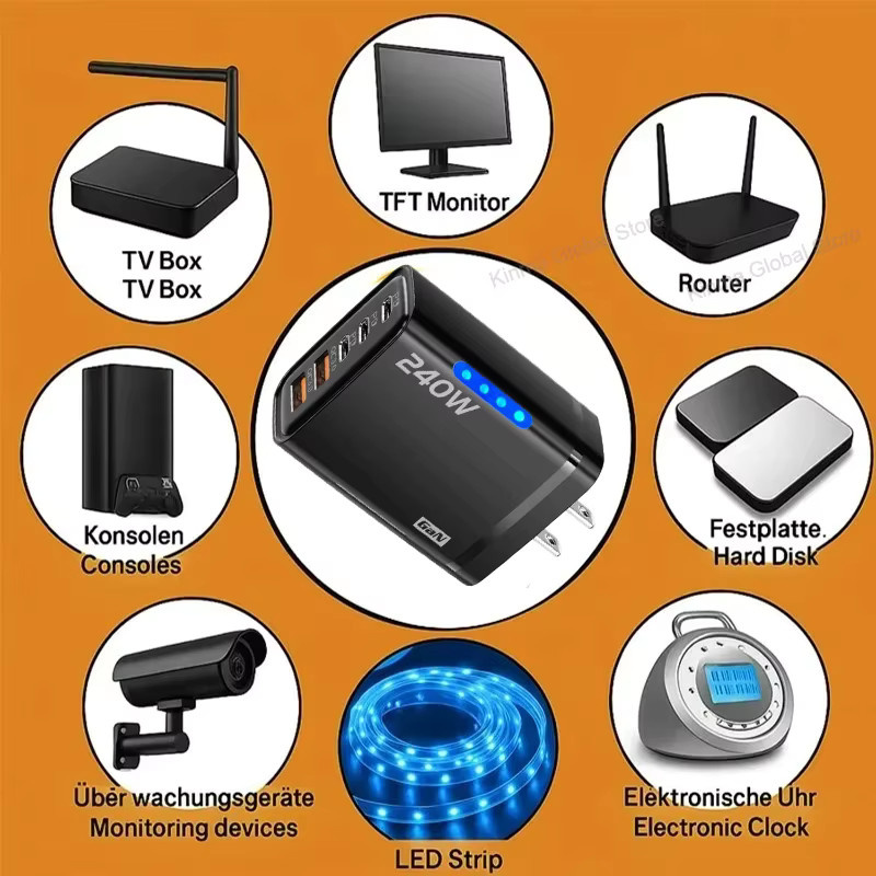 BMAD 5 in 1 GaN Desktop Ladegerät mit 240 W, Schnelles Ladegerät mit 3 PD und 2 USB Anschlüssen, Schwarz - Bild 3